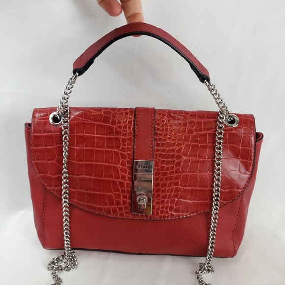 Guess Red Croc Textured Silver Chain Strap Shoulder Bag/Cross Body Purse - Picture 5 of 15